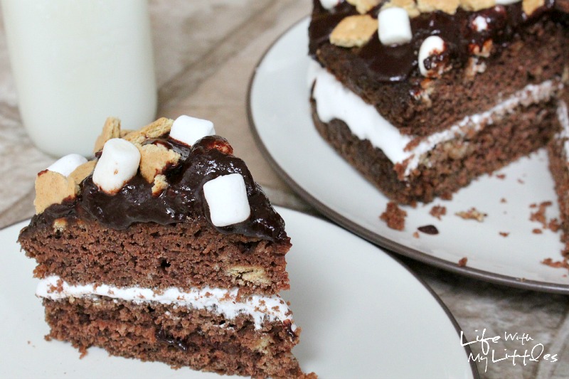 S'mores Cake: Moist chocolate cake, gooey, melty marshmallows, crumbled graham crackers, and a drizzle of chocolate. It's the perfect summer dessert!