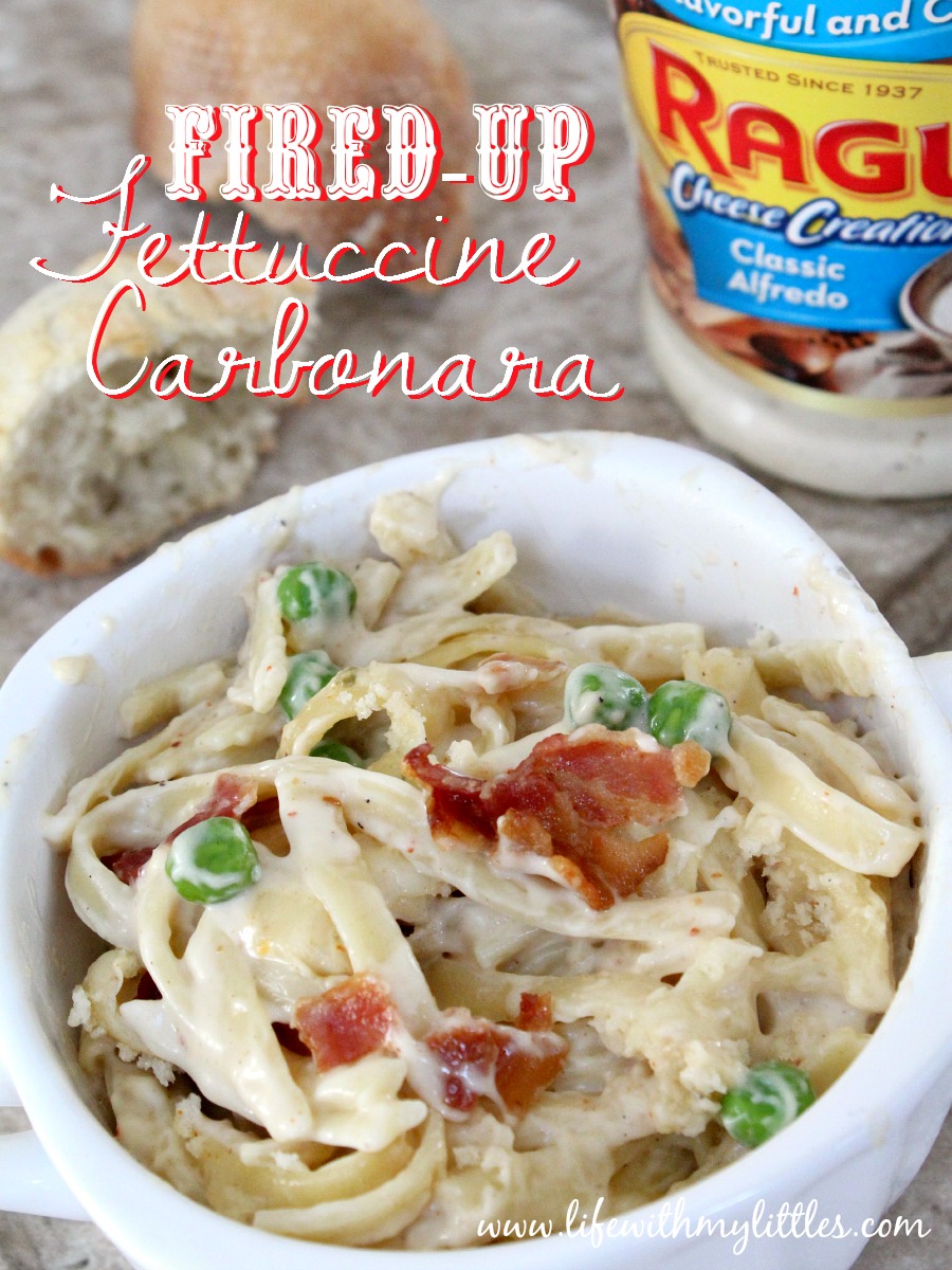 Fired-Up Fettuccine Carbonara Bake: With bacon, pepper-jack cheese, and peas, it's one of those easy pasta recipes you can't help but make over and over! 