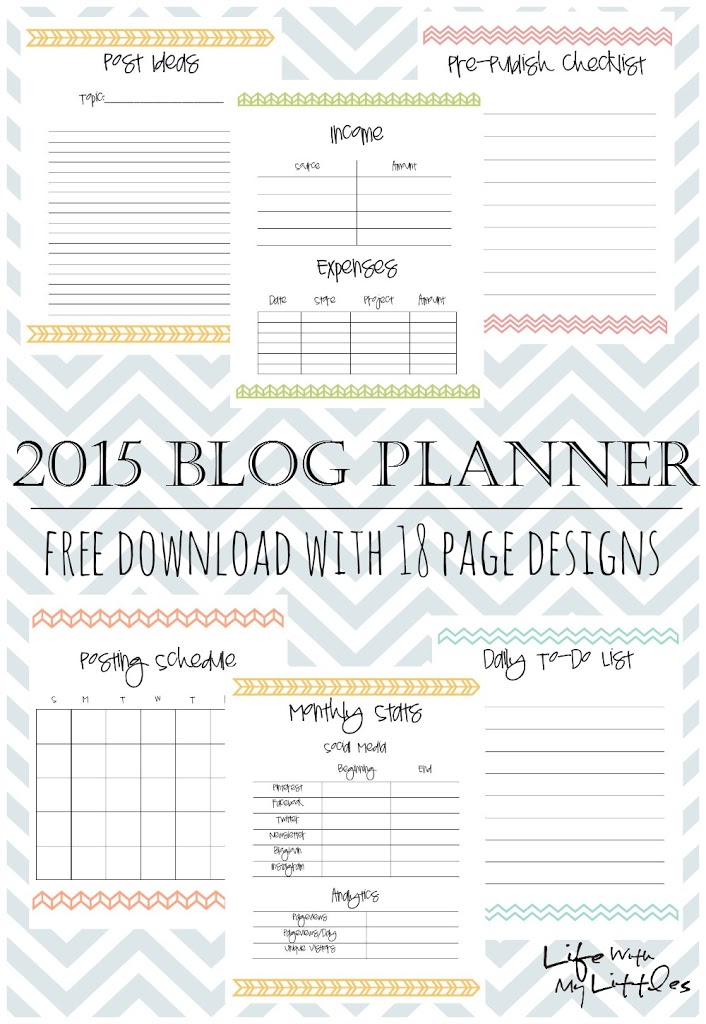 2015 Free Printable Blog Planner: 18 different page designs including stats, goals, income and expenses, and schedules!