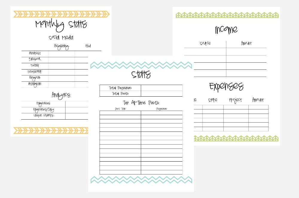 2015 Free Printable Blog Planner: 18 different page designs including stats, goals, income and expenses, and schedules!