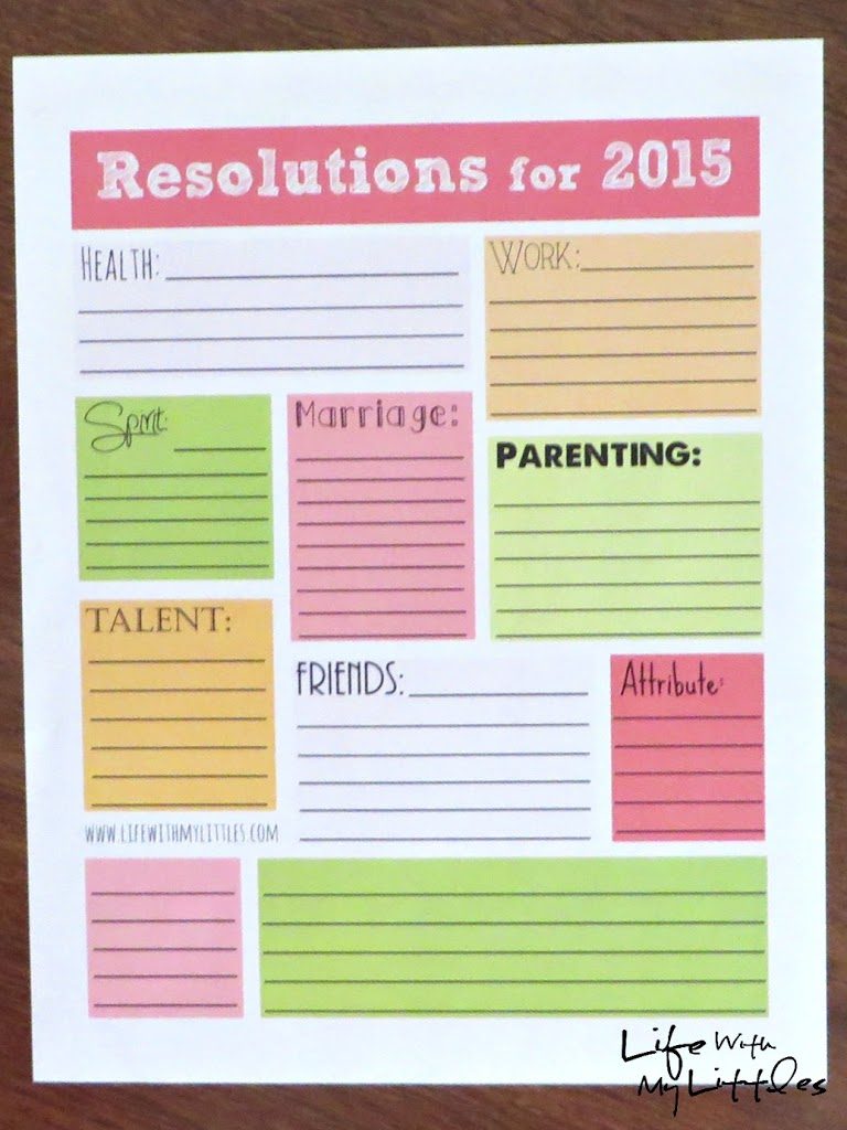Free 2015 New Year's Resolution Printable! Includes categories like health, work, spirit, marriage, parenting, talent, friends, attribute, and two blanks! Free 2015 New Year's Resolution Printable! Includes categories like health, work, spirit, marriage, parenting, talent, friends, attribute, and two blanks!