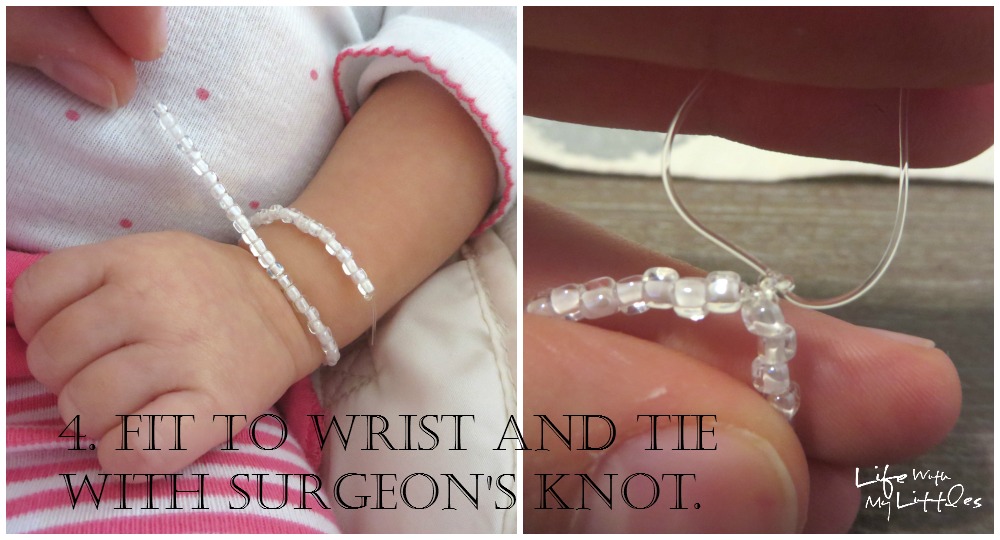 Here's another way to repurpose your wedding dress: make a bracelet with the beads for your daughter!