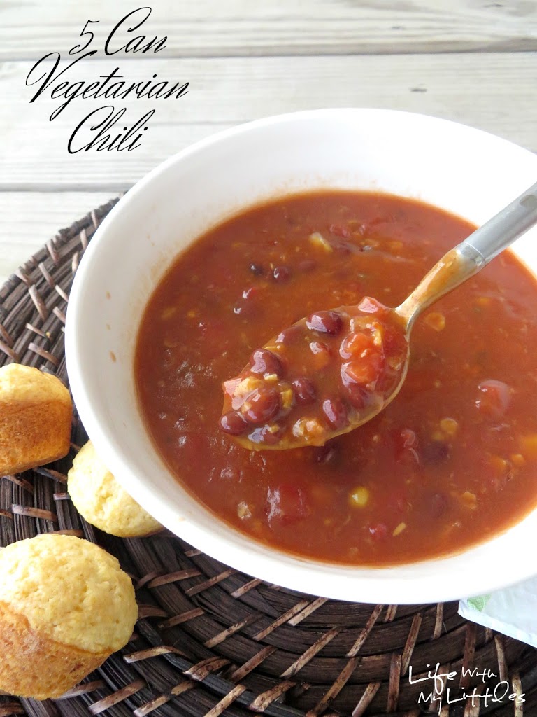 The easiest and most delicious 5 can vegetarian chili! Takes 30 minutes to cook and is perfect for an easy weeknight dinner!