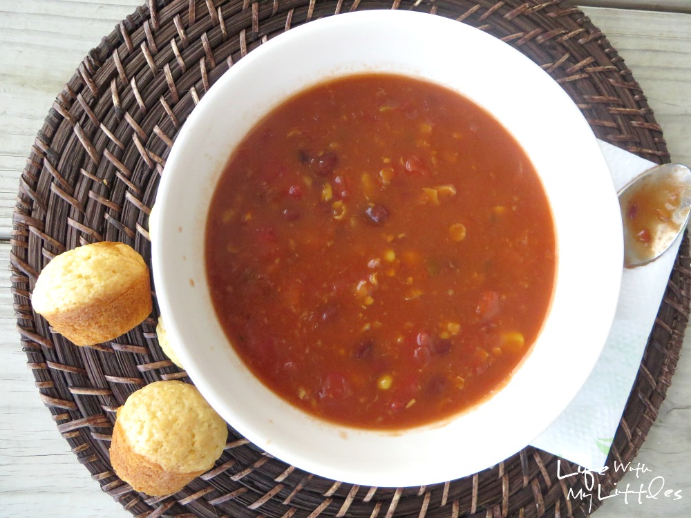 The easiest and most delicious 5 can vegetarian chili! Takes 30 minutes to cook and is perfect for an easy weeknight dinner!