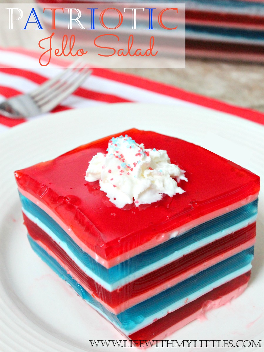 This patriotic layered jello salad is perfect for the Fourth of July or any summer barbecue! It's super easy and looks beautiful!