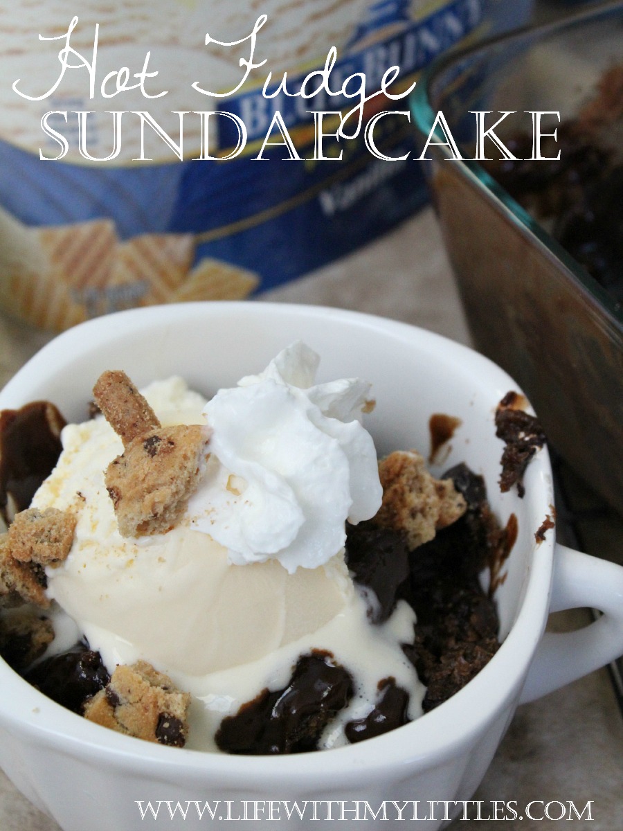 Super easy Hot Fudge Sundae Cake. It's the perfect summer dessert! A chocolate, fudgey cake topped with vanilla ice cream, whipped cream, and cookies! 