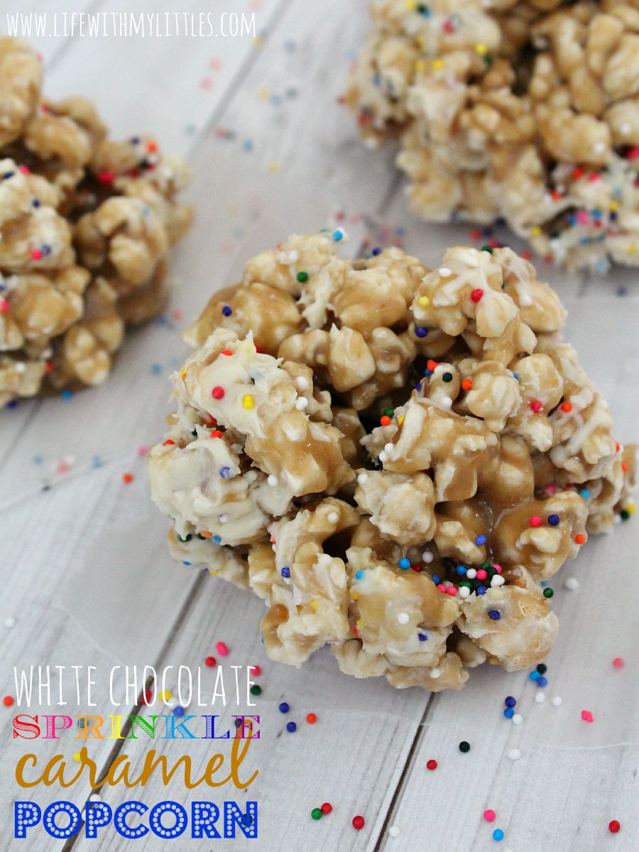 This white chocolate sprinkle caramel popcorn recipe is perfect! The gooeyness of the caramel, the sweetness of the chocolate, and the crunch of the sprinkles! It's so yummy!