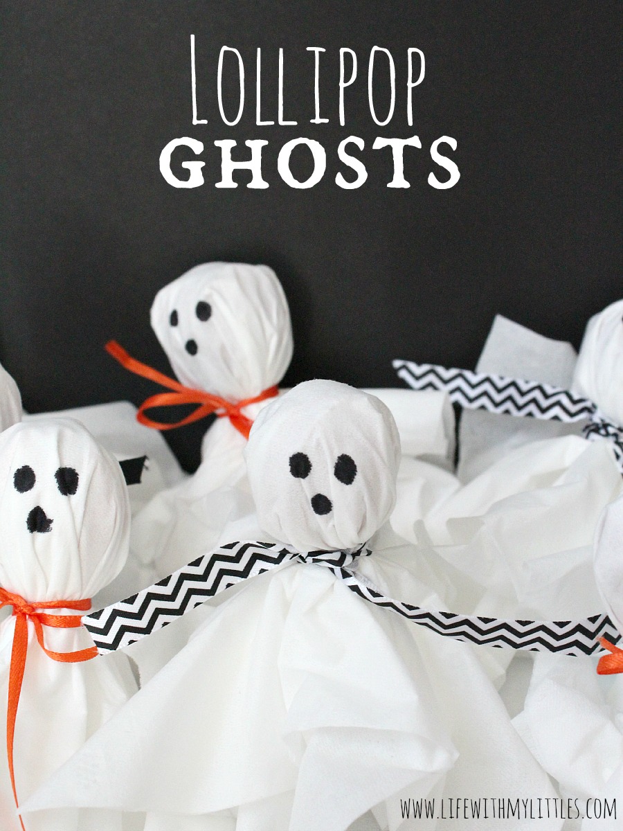Super easy and cute lollipop ghosts! These are so fast to put together and make the perfect Halloween party or Trick-or-Treating treat! So easy your kids can make them!