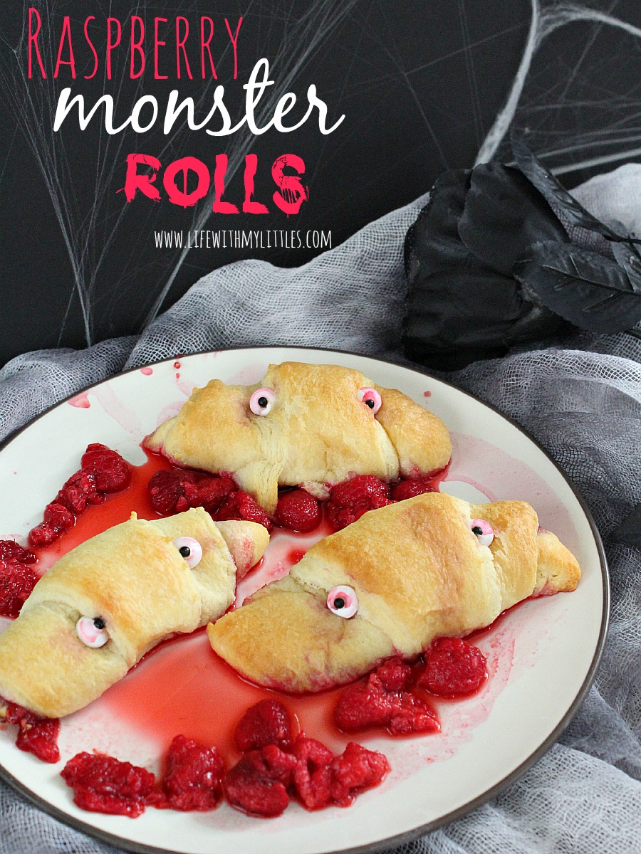 These simple raspberry monster rolls are the perfect side or dessert for your spooky Halloween dinner! And they are so easy!