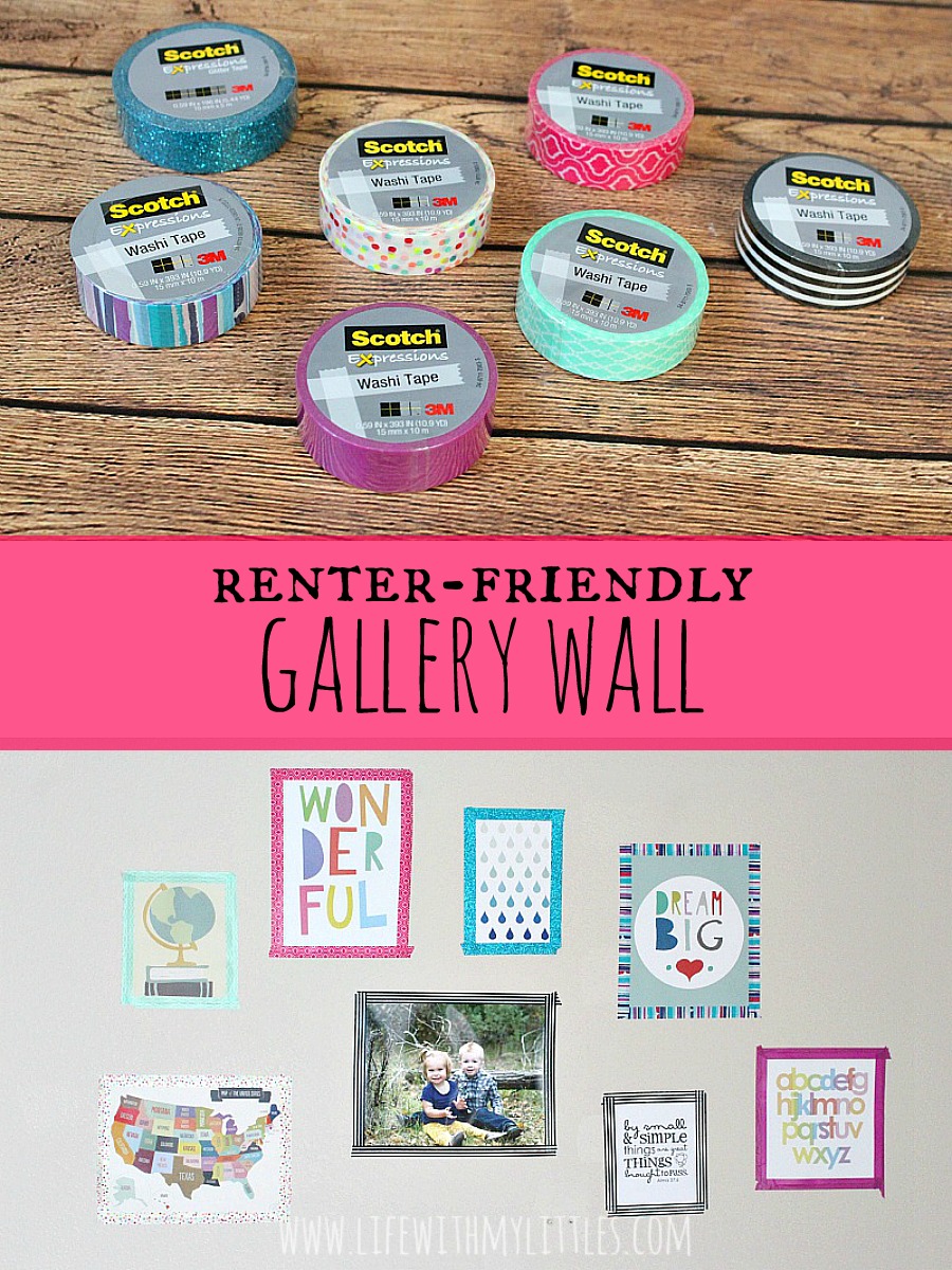 Love this renter-friendly gallery wall! What a cute way to hang up pictures without making holes in the walls! And it's so bright and colorful!