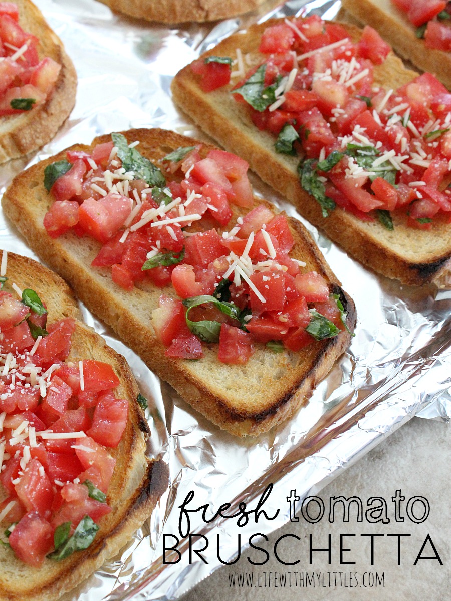 This fresh tomato bruschetta recipe is made on freshly baked sourdough bread and is topped with a tomato basil mix and Parmesan cheese! It's the perfect appetizer or side dish for any Italian meal! And it's DELICIOUS!