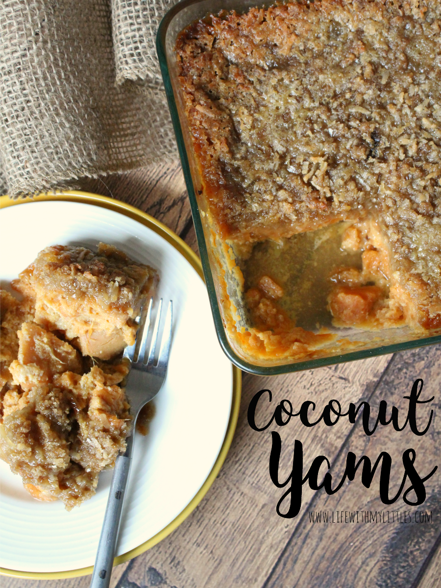 These coconut yams are the perfect side dish for your Thanksgiving dinner! It's such an easy recipe (your kids could even help!) and it's almost like a dessert! If you're looking for a yummy sweet potato recipe for Thanksgiving, this is it!