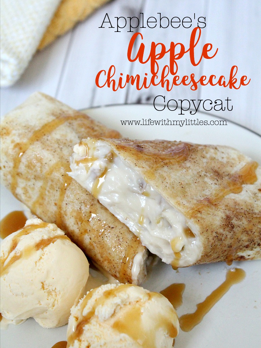 This Applebee's Apple Chimicheesecake copycat recipe tastes just like the original dessert from the restaurant! Warm, gooey apple cheesecake tucked inside a cinnamon sugar tortilla and fried until golden, served with creamy vanilla ice cream and drizzled in caramel! Yum!