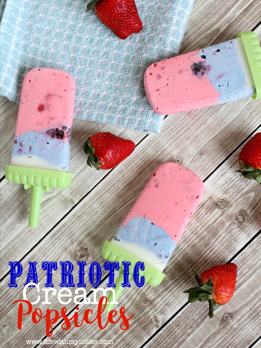 These patriotic popsicles are the perfect Fourth of July dessert! Red, white, and blue creamsicles with strawberry and blackberry inside! Yum!