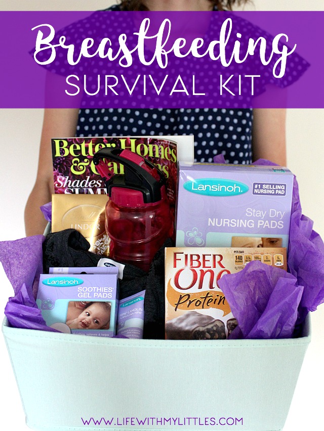 This breastfeeding survival kit is full of things to help make breastfeeding easier and more comfortable for new mamas! A great baby shower gift idea!