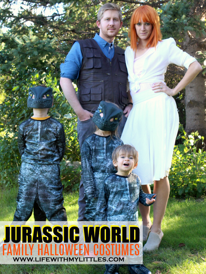 These Jurassic World family Halloween costumes are amazing! Owen, Claire, and the raptor pack! Such a fun idea, and it includes links to where she bought everything! If you're looking for Jurassic World costumes for your family, this is such a great resource!