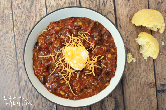 The best and easiest chili recipe to help you win any chili cook-off! Five ingredients, it cooks in a crock pot, and it'll warm you right up on cold, winter days!