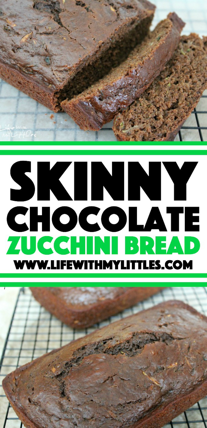 This skinny chocolate zucchini bread is healthy, delicious, moist, and has 2 whole zucchinis! You could easily pass this recipe off as chocolate cake! 