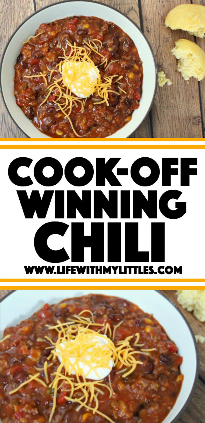 The best and easiest chili recipe to help you win any chili cook-off! Five ingredients, it cooks in a crock pot, and it'll warm you right up on cold, winter days!
