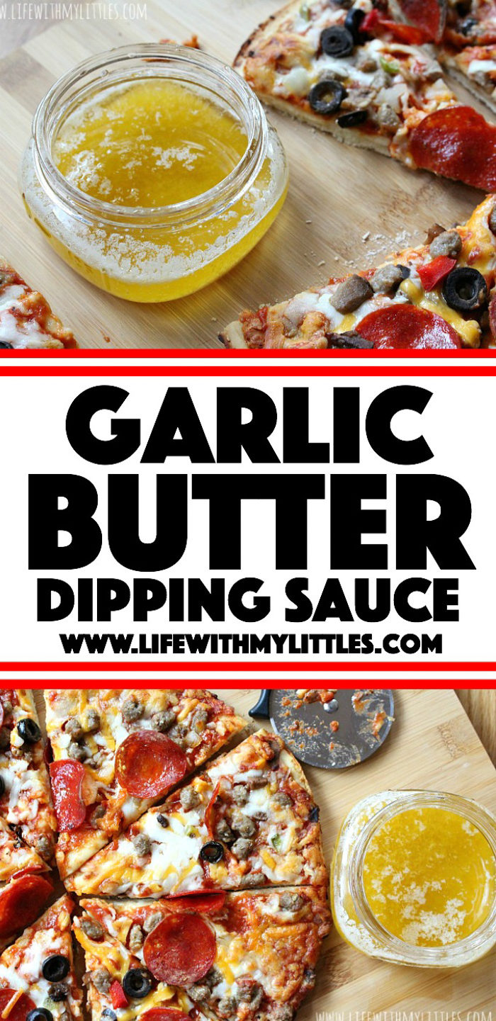 This garlic butter dipping sauce is the perfect dip or side for your pizza party! It's not greasy and not too garlicky like some dips. Tastes just like Dominos garlic butter sauce and it only takes three ingredients!