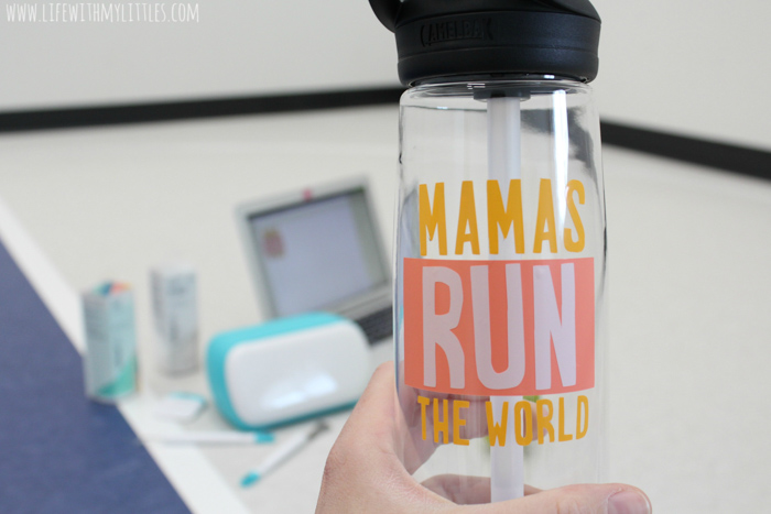 Customize your own water bottle in just a few minutes with the new Cricut Joy! This tutorial includes a free cut file for a "Mamas Run the World" water bottle decal that's perfect for moms who love to run!