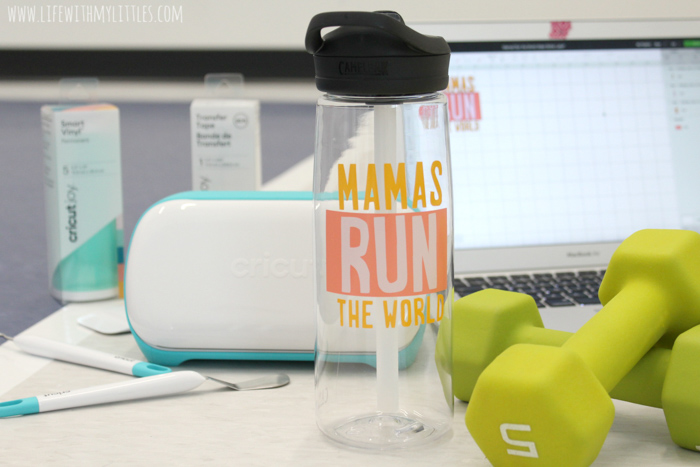 Customize your own water bottle in just a few minutes with the new Cricut Joy! This tutorial includes a free cut file for a "Mamas Run the World" water bottle decal that's perfect for moms who love to run!