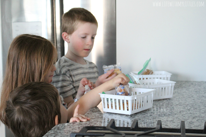 Daily snack bins are the perfect way to end the constant battle over snacktime! Put your kids' snacks in them in the morning, and they get to decide when to eat them! An easy, DIY solution that stops pestering and teaches self-control!