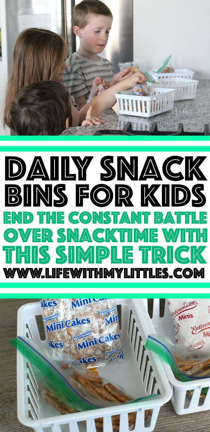 Daily snack bins are the perfect way to end the constant battle over snack time! Put your kids' snacks in them in the morning, and they get to decide when to eat them! An easy, DIY solution that stops pestering and teaches self-control!