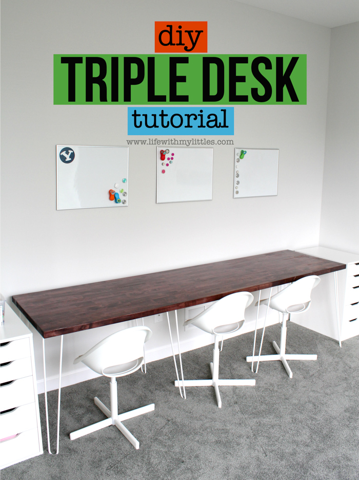 A simple, minimalist DIY triple desk tutorial that even the most beginning of DIYers can tackle! The butcher block countertop gives it a beautiful farmhouse feel and it's perfect for any homework or homeschool room!