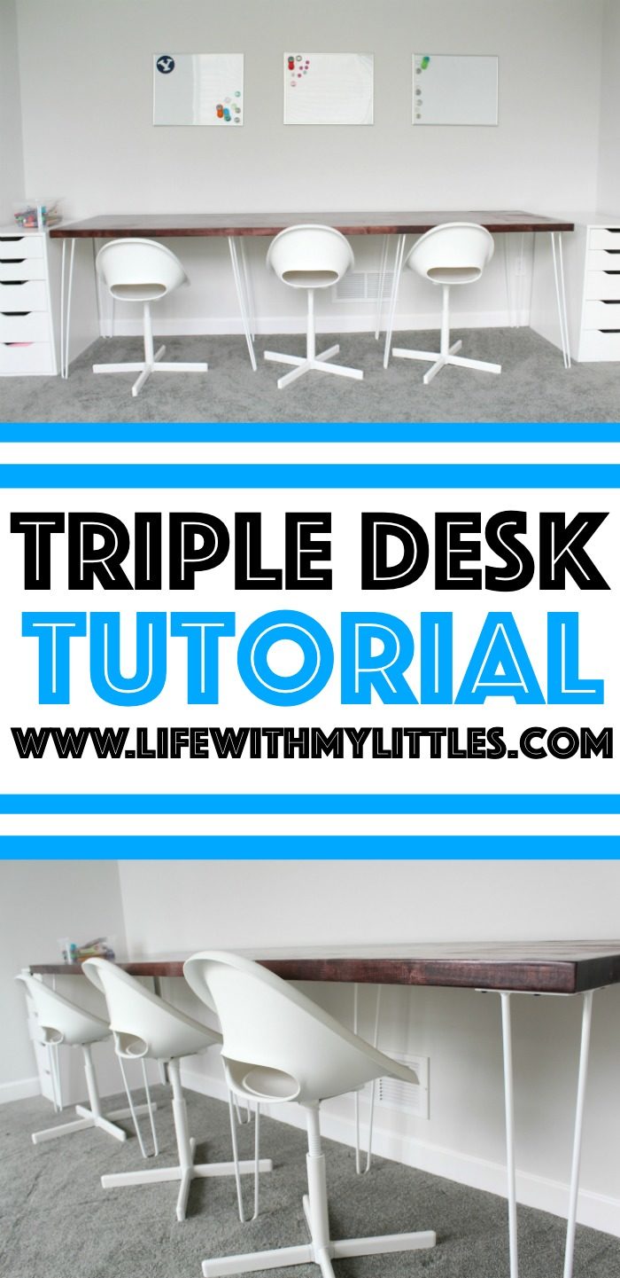 A simple, minimalist DIY triple desk tutorial that even the most beginning of DIYers can tackle! The butcher block countertop gives it a beautiful farmhouse feel and it's perfect for any homework or homeschool room!