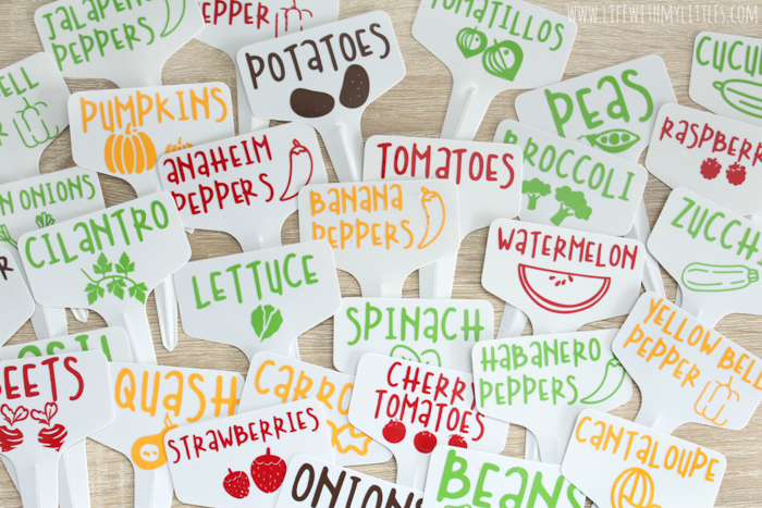 These DIY Garden Markers are the perfect way to mark fruits and vegetables in your garden! Permanent vinyl and plastic garden tags combine to make durable, long-lasting markers! 32 different fruits and vegetables included in the cut file, and you can customize the color, size, and which ones to cut with your cutting machine! 