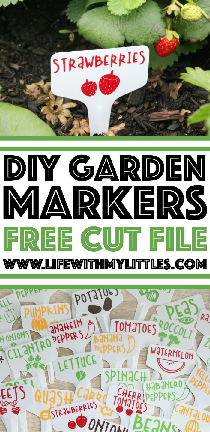 These DIY Garden Markers are the perfect way to mark fruits and vegetables in your garden! Permanent vinyl and plastic garden tags combine to make durable, long-lasting markers! 32 different fruits and vegetables included in the cut file, and you can customize the color, size, and which ones to cut with your cutting machine!