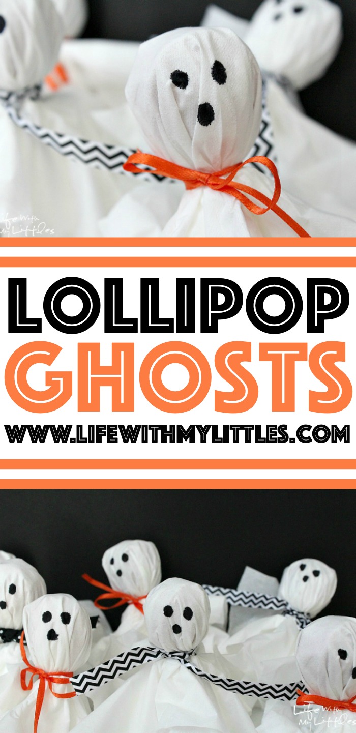 Super easy and cute lollipop ghosts! These are so fast to put together and make the perfect Halloween party or Trick-or-Treating treat! So easy your kids can make them!