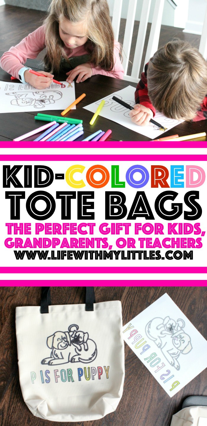 Kid-colored tote bags are an easy, personal DIY holiday gift! Make custom tote bags for your kids or friends, or gift them to grandparents or teachers!