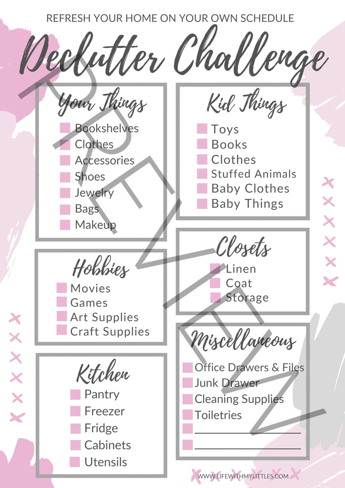 Declutter challenge printable available for free download. Refresh your home and get rid of the clutter on your own schedule with this easy-to-follow checklist!