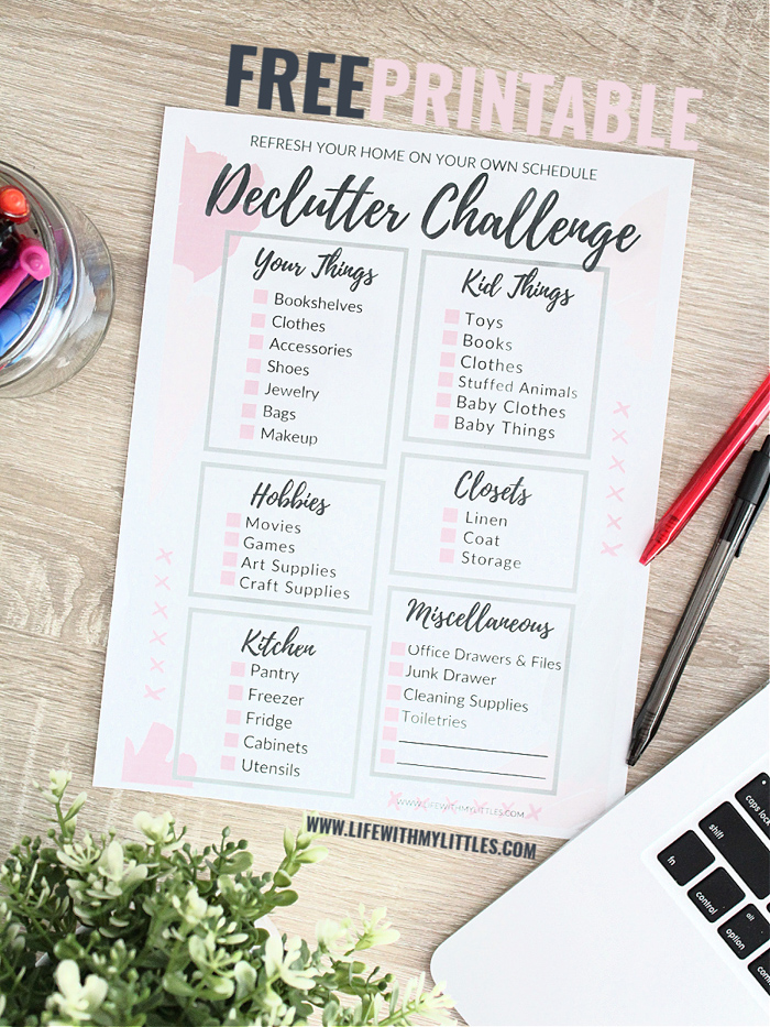 Declutter challenge printable available for free download. Refresh your home and get rid of the clutter on your own schedule with this easy-to-follow checklist!
