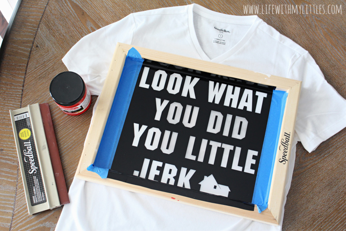 DIY Home Alone screen print shirt based on Uncle Frank's line "Look what you did, you little jerk!" One of the best lines from the original movie on a tee! Includes the free cut file on Cricut Design Space, and a full tutorial!