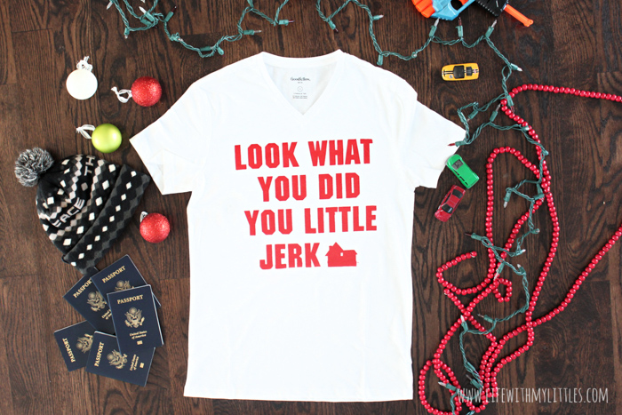 DIY Home Alone screen print shirt based on Uncle Frank's line "Look what you did, you little jerk!" One of the best lines from the original movie on a tee! Includes the free cut file on Cricut Design Space, and a full tutorial!