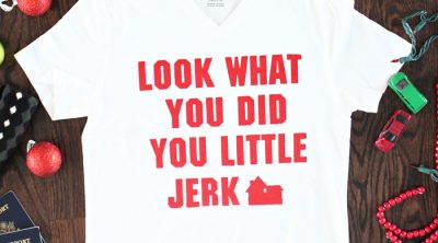 DIY "Home Alone" screen print shirt based on Uncle Frank's line "Look what you did, you little jerk!" One of the best lines from the original movie on a tee! Includes the free cut file on Cricut Design Space, and a full tutorial!