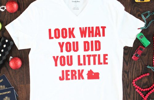 DIY "Home Alone" screen print shirt based on Uncle Frank's line "Look what you did, you little jerk!" One of the best lines from the original movie on a tee! Includes the free cut file on Cricut Design Space, and a full tutorial!