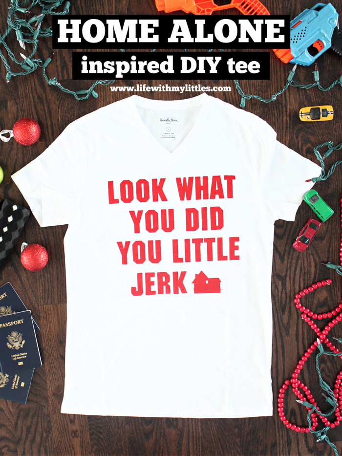 DIY Home Alone screen print shirt based on Uncle Frank's line "Look what you did, you little jerk!" One of the best lines from the original movie on a tee! Includes the free cut file on Cricut Design Space, and a full tutorial!