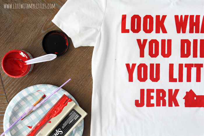 DIY Home Alone screen print shirt based on Uncle Frank's line "Look what you did, you little jerk!" One of the best lines from the original movie on a tee! Includes the free cut file on Cricut Design Space, and a full tutorial!