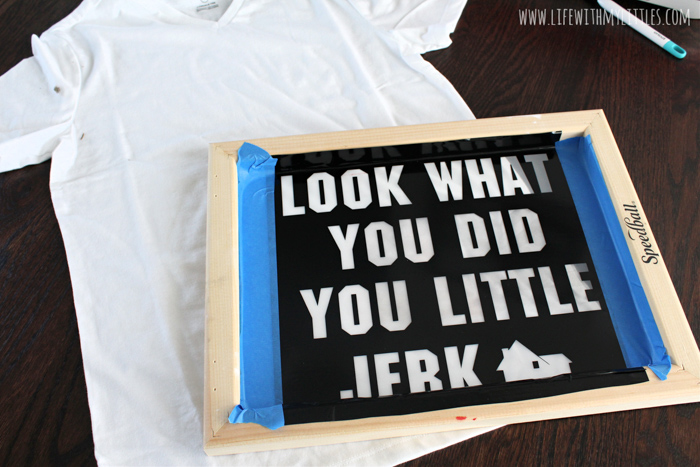 DIY Home Alone screen print shirt based on Uncle Frank's line "Look what you did, you little jerk!" One of the best lines from the original movie on a tee! Includes the free cut file on Cricut Design Space, and a full tutorial!